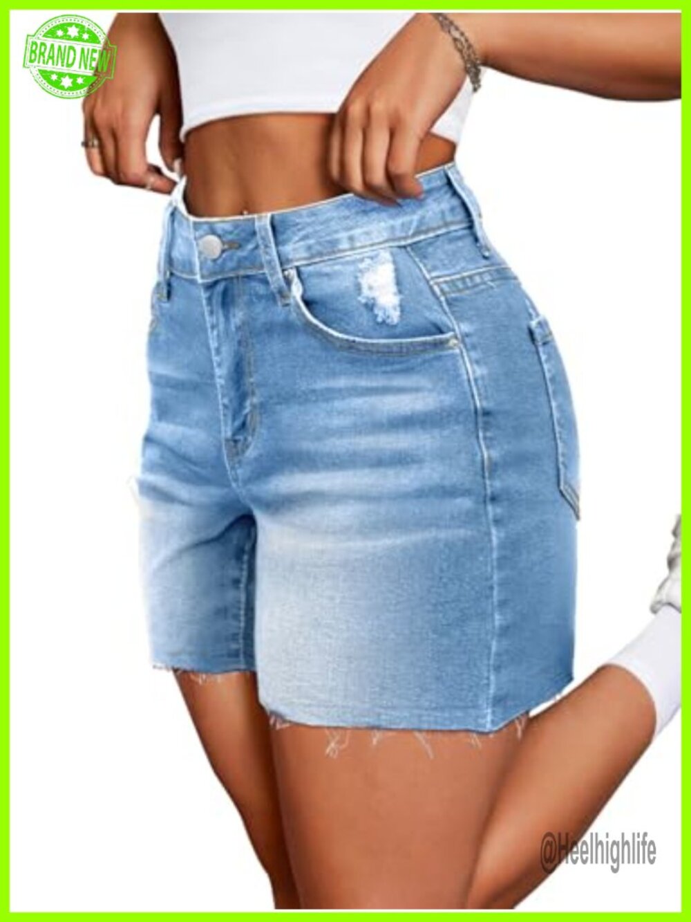 Mid-High Waisted Jean Shorts Stretchy Denim Frayed Hem Jorts